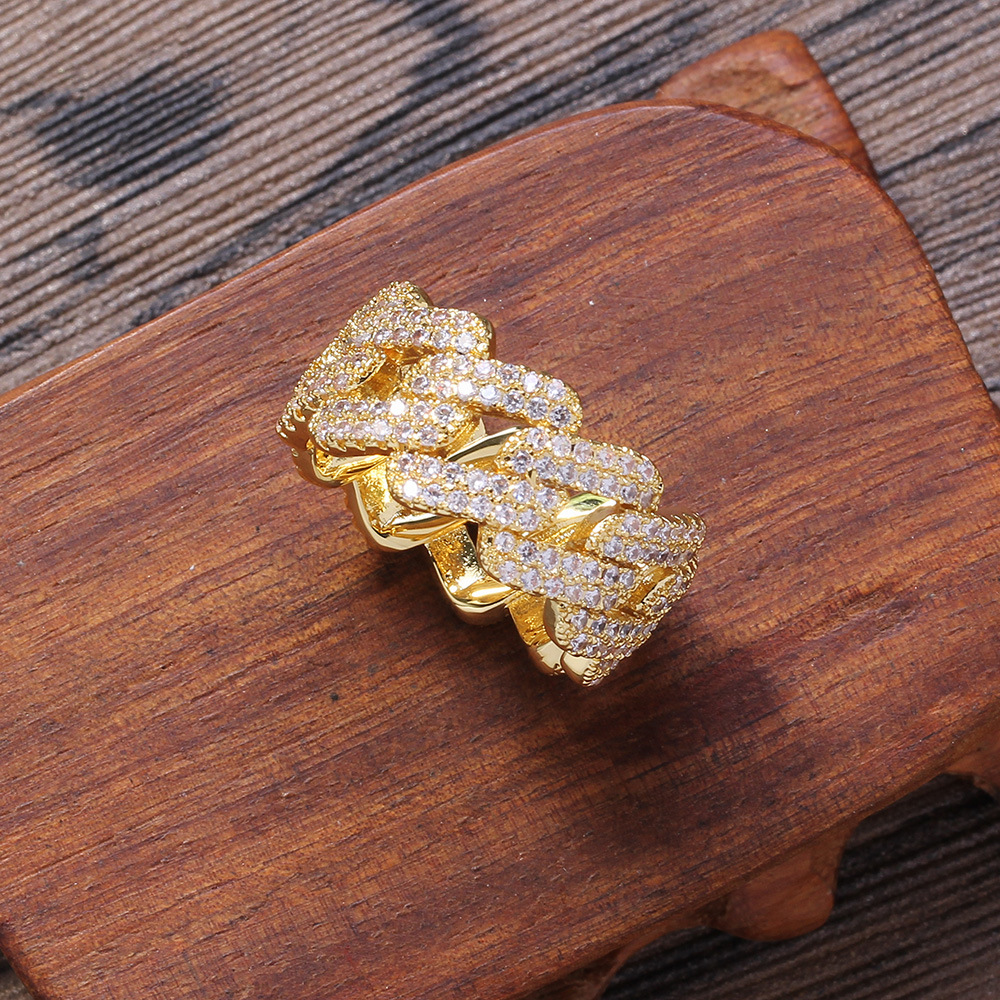 Hip Hop 11mm Rhombus Cuban Chain Rings 18K Real Gold Plated Mens Rap Jewelry