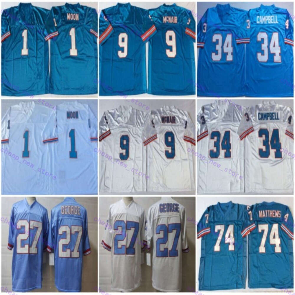 Vintage 1997 Oilers 27 Eddie George 1 Warren Moon Football Jersey 34 Earl Campbell 9 Steve McNair Stitched Shirts Embroidery Mens Jersey 1980 Light Blue