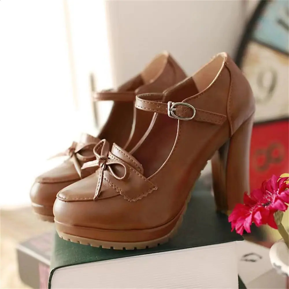 Big Size 43 Summer Vintage Womens Black High Heels Shoes Retro Brown Office Lady Platform Mary Jane Pumps 240718