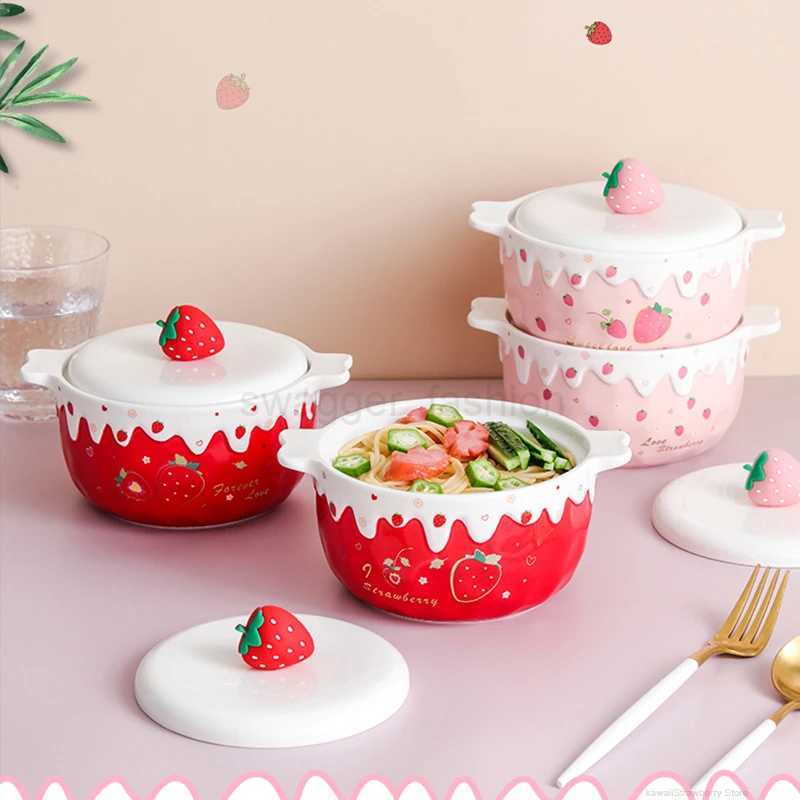 Cute Strawberry Ramen Bowl With Lid Ceramics Cute Large Fruit Instant Noodles Salad Soup Bowl Home Kitchen Tableware 700mlB270723