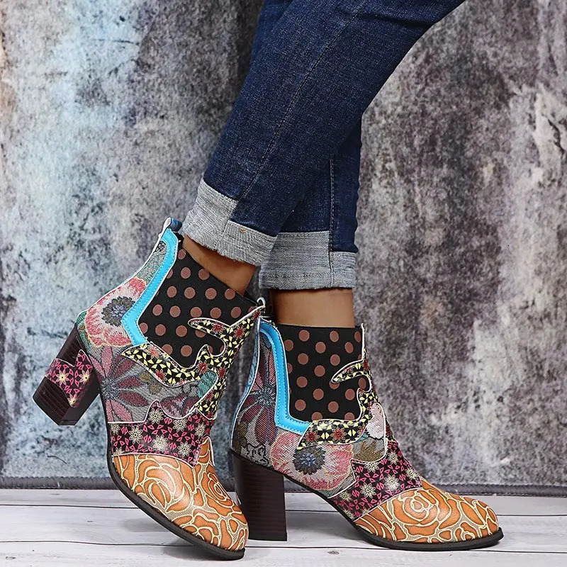 Ankle Boots Women Autumn PU Womens Shoes Ethnic Waterproof Casual Vintage Shoes Zipper High Heel Short Boots Botas Mujer 240716 - view 5