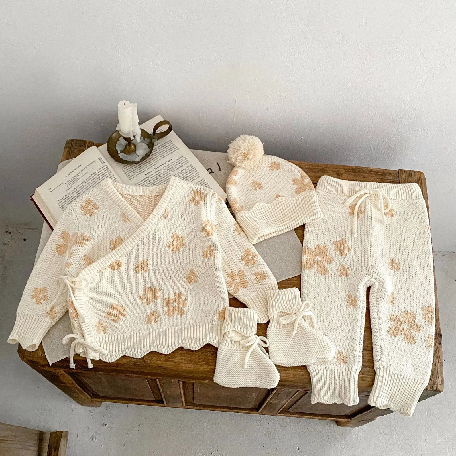 MiniAinis Autumn Winter Baby Knitted Coat Pantshatsocks 4 Pieces Suit Girls Sweater Clothing Set Children Beige Warm Clothes 240715