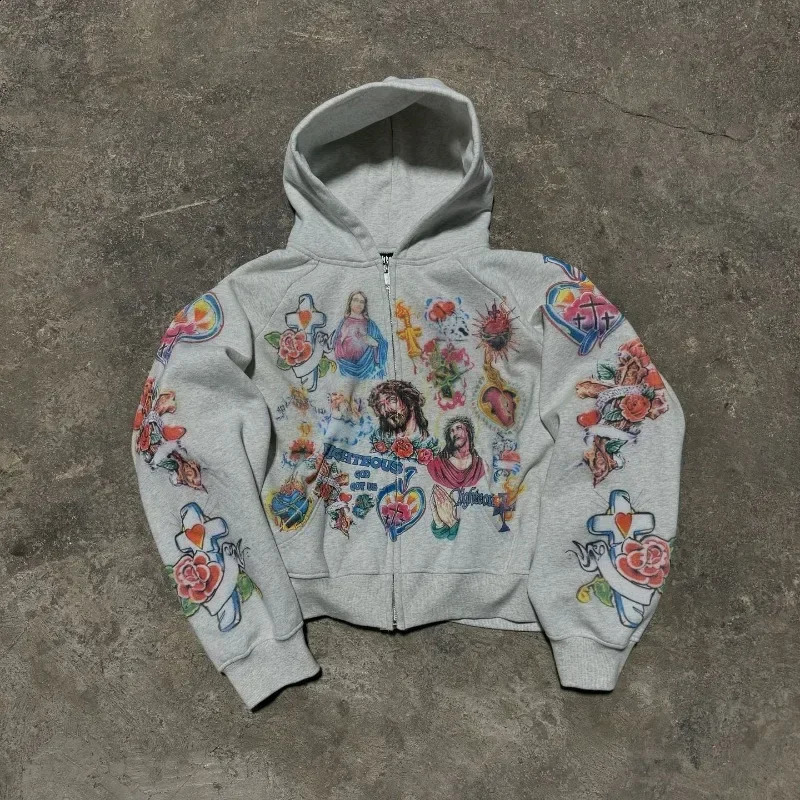 Y2k aesthetic fashion classic niche baggy sweatshirts Geometric flower gothic rock oversized cardigan hoodies for womens 240722