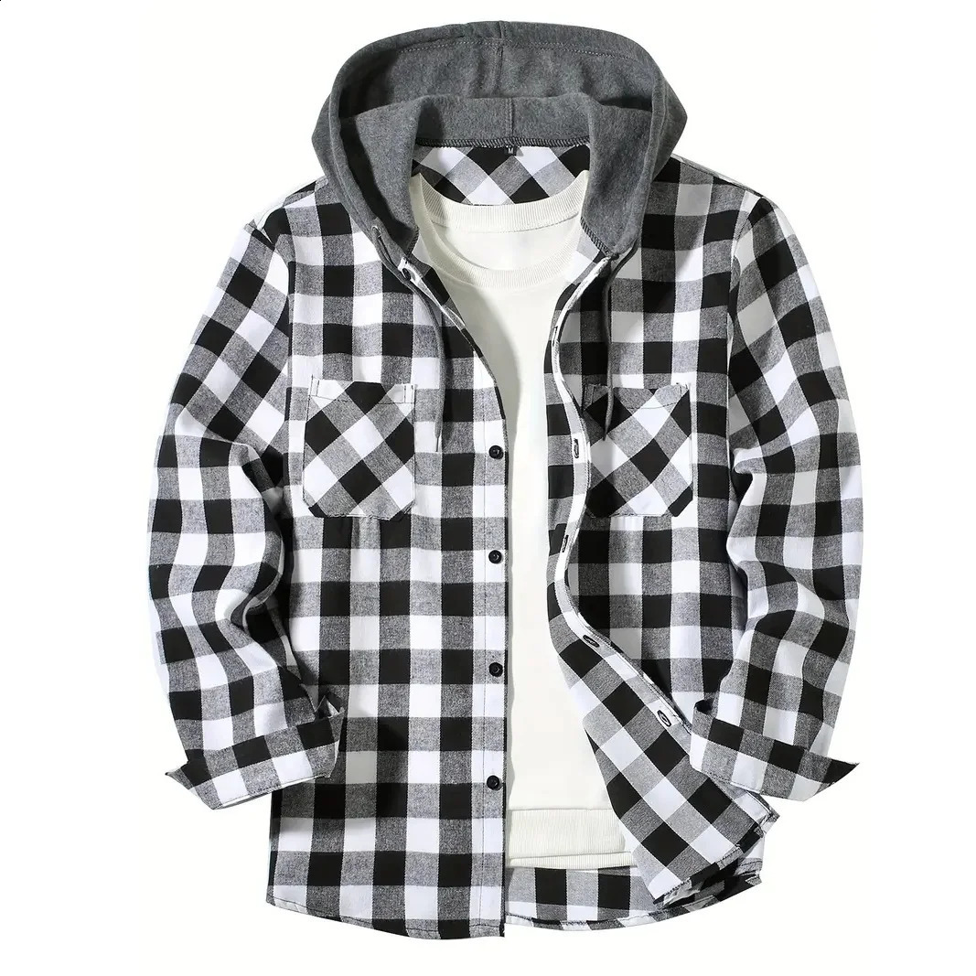 Mens Classic Plain Casual Button Down Jacket Long Sleeve Double Pocket Shirt Hoodie Flannel Spring and Autumn Top w240822