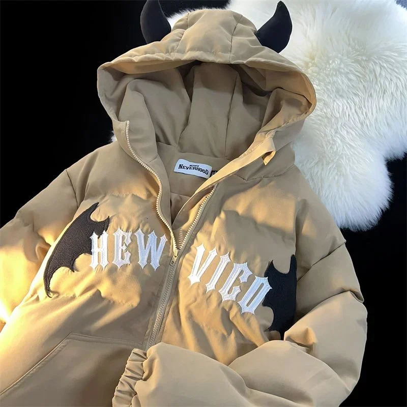 Couples Winter Devil Bread Clothing Casual Hooded Jacket Embroidered Cotton-padded Y2K Jackets Coats Jacket In Winter 240717