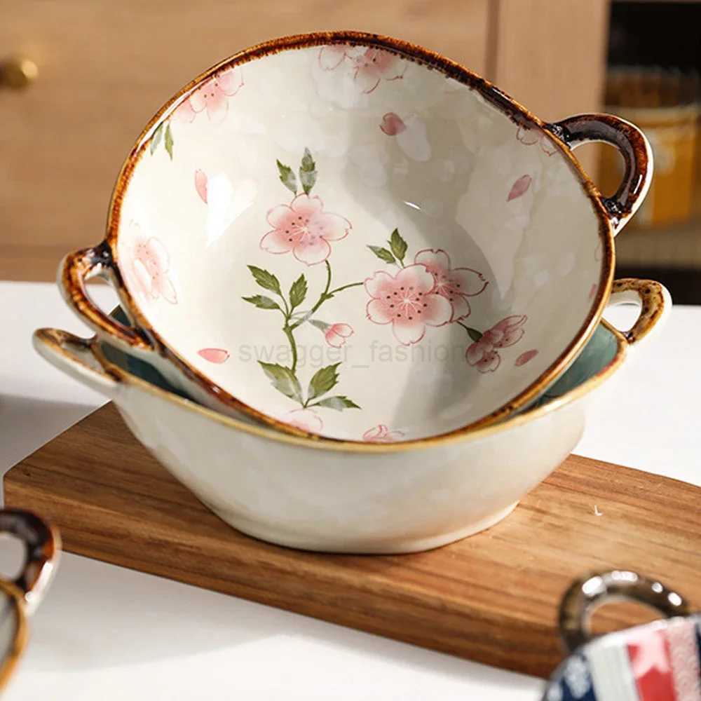 Japanese Household Noodle Bowl 7.5inch Ceramic Soup Bowl With Handle Salad Pasta Bowl Kitchen Tableware Microwave Oven BakwareB240727