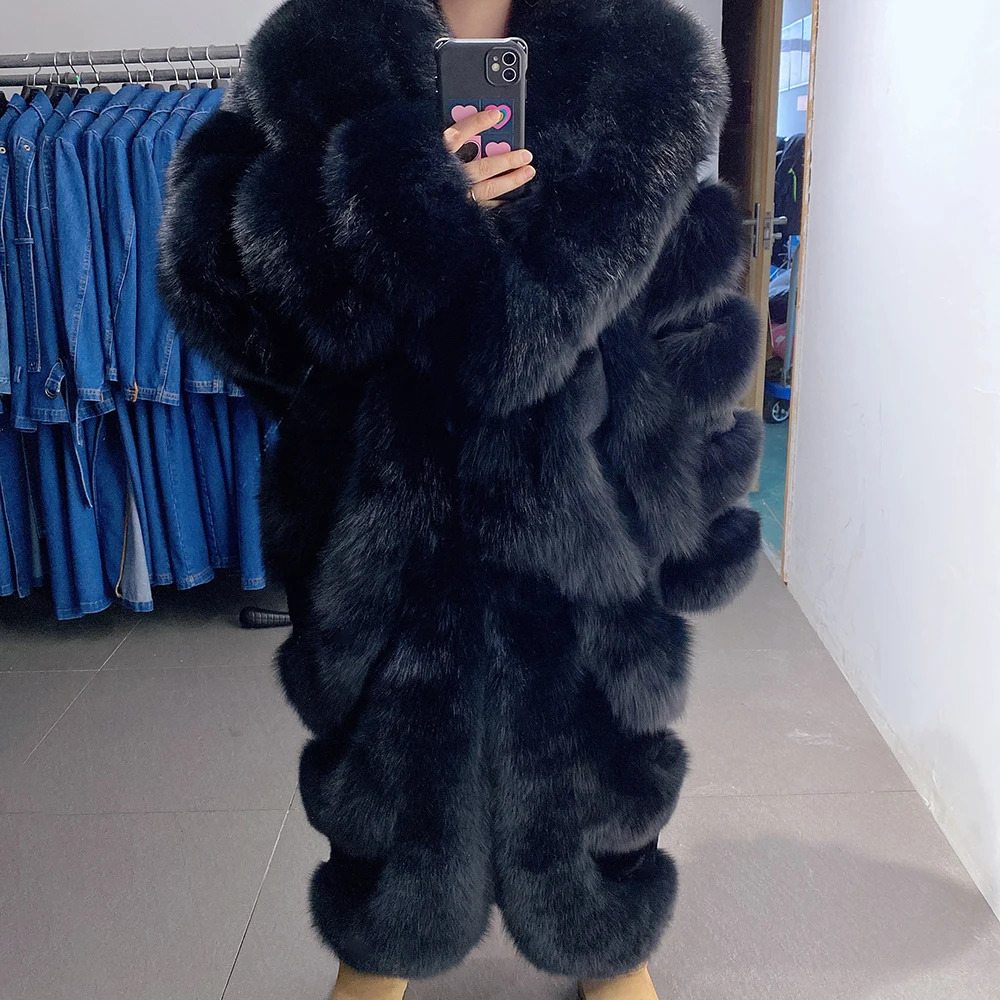 YOLOAgain Womens Long Real Fox Fur Jacket Black Fox Fur Coat Winter Warm Outerwear 240716