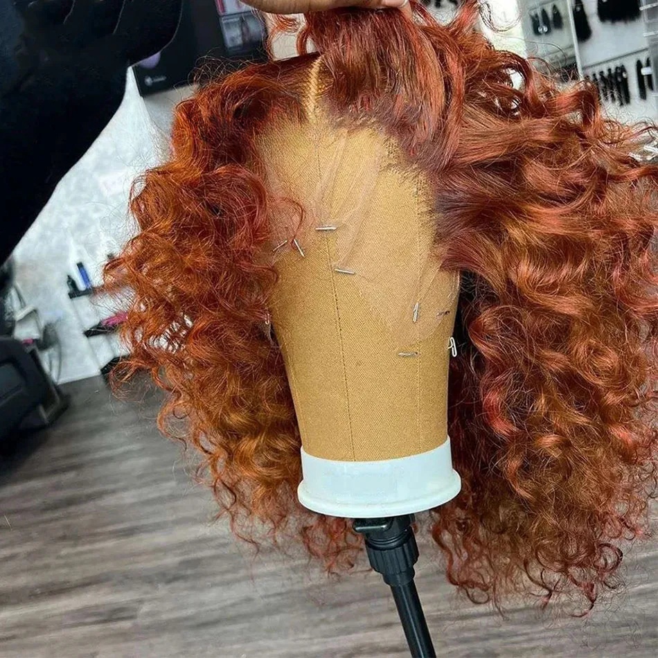 Free shipping New Ginger Orange Deep Curly Short Human Hair 13x4 Water Wave Frontal Bob Reddish Brown Synthetic Lace Closure Wigs