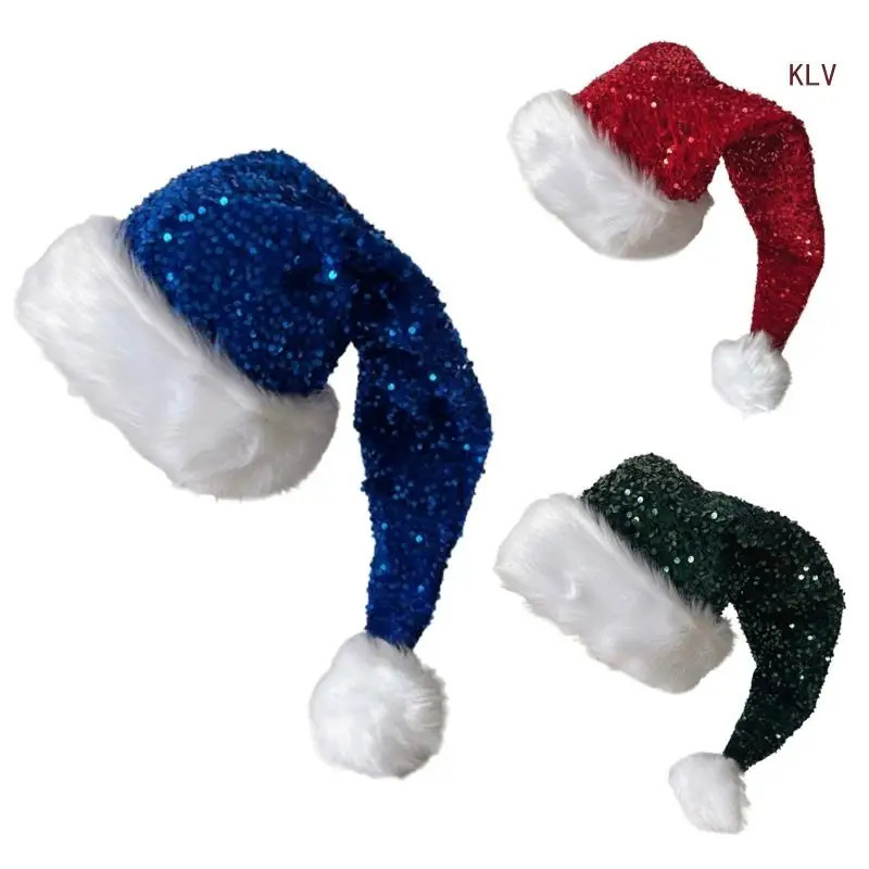 Adult Santa Hat with Sequins Thicken Plush for Holiday Comfort Liner Christmas Year Symbol Cap with White Brim 240715