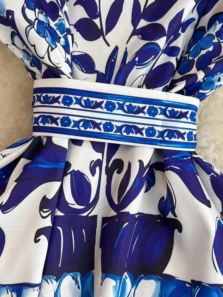 Summer Holiday Blue And White Porcelain Midi Shirt Dress Women Short Sleeve Single Breasted Lace Up Clothes Female Vestidos 240819