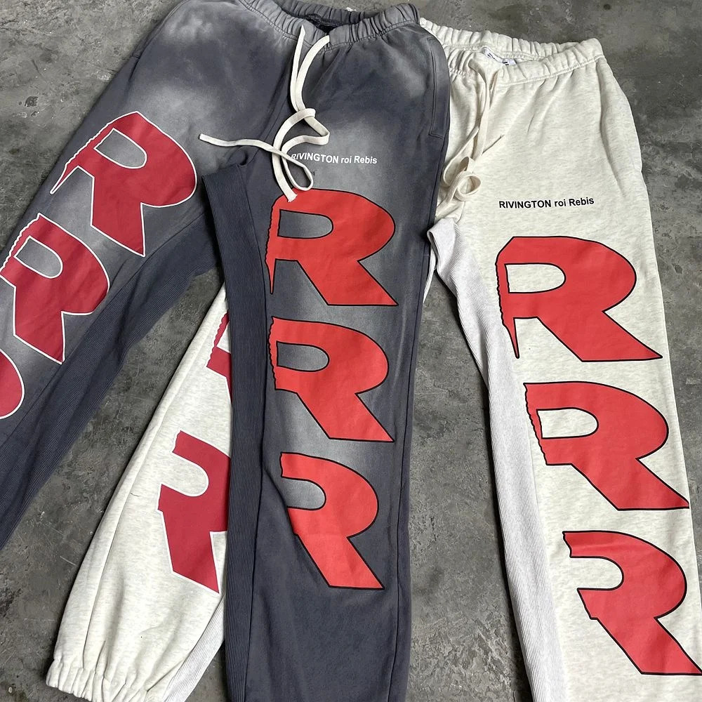 Yao888 RRR1123 Fashion 100% Cotton Vintage Washed Pants Sport Loose Drawstring Print Streetwear Trousers Sweatpants For Men 240716
