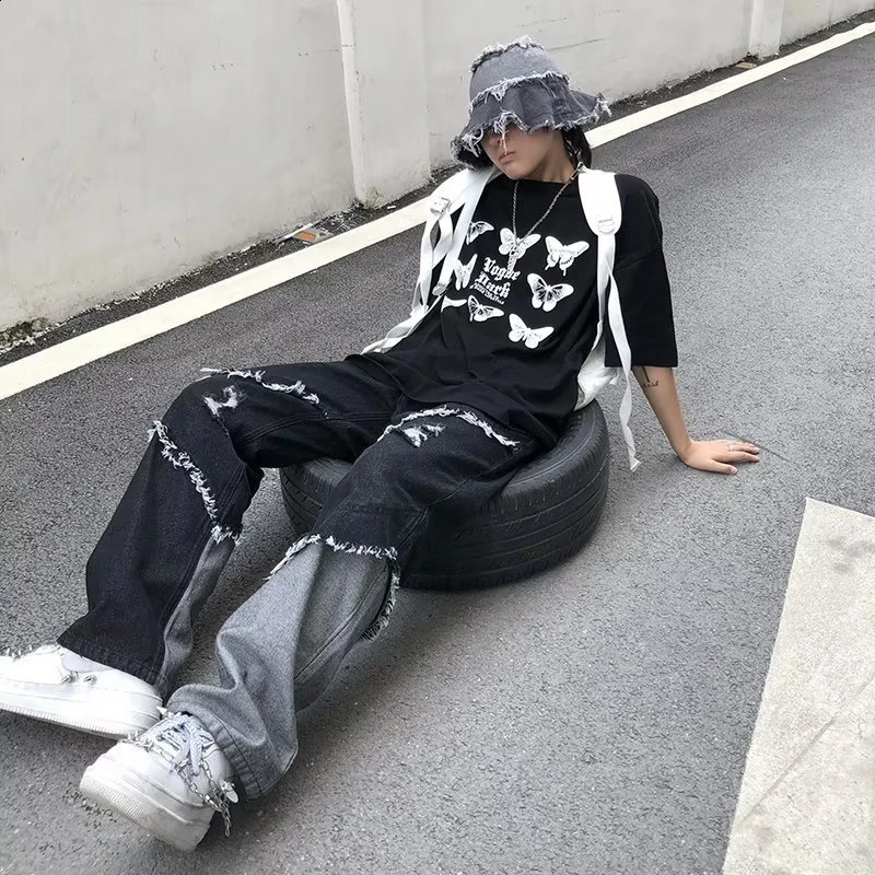 Tassel Pants Mens Wide Leg Hip Hop Lazy Wind Jeans Couples Pants Loose Jeans Men streetwear y2k pants cargo jeans Mens clothe 240722