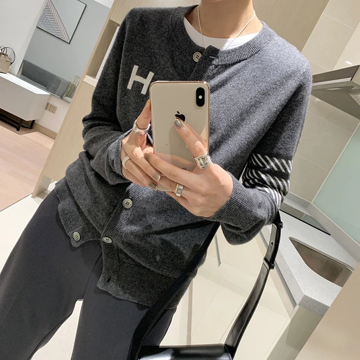 Europe station cashmere cardigan womens loose H-letter jacquard thin knitted jacket sweater slim round neck sweater 240717