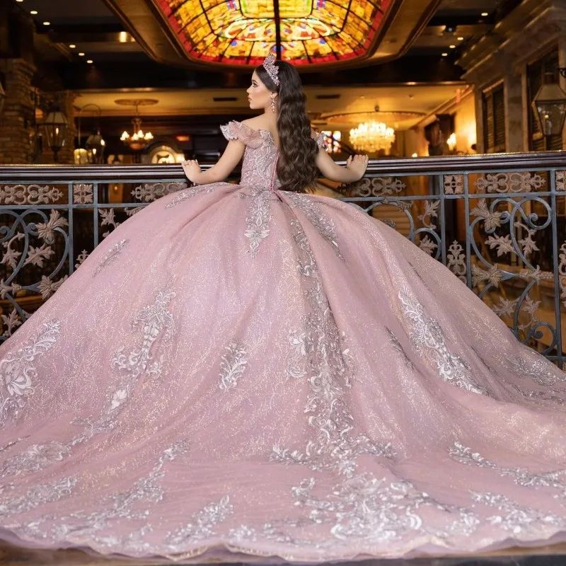 Rose Gold Sparkly Sexy V-Neck Crystal Appliques Quinceanera Dresses Ball Gown Off The Shoulder Beading Sweet Vestidos De 15 Girls Custom Made 6660312
