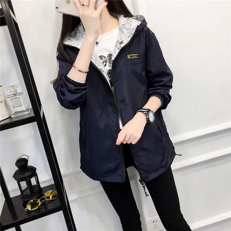 Spring Autumn Fashion Women Jacket Coat Pocket Zipper Hooded Windbreaker Female Casual Outwear Loose Plus Size Tops M57 240711