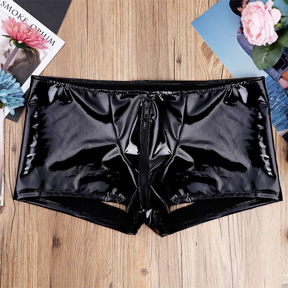 Open Butt Club Panites Man Faxu Leather Hollow Out Boxer Trunks Sexy Zip Pouch Underpants Eortic Lingerie Gay Men PVC Shorts 240711