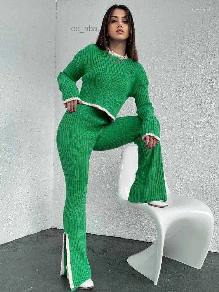 Womens Two Piece Pants Tracksuits Split Up Pullover Sweater Wide Leg Suit 2024 Autumn Casual Elegant Streetwear Color Block Knitted Women C260312