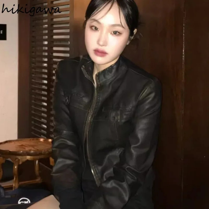 Streetwear Punk Jackets Women Clothing Stand Neck Long Sleeve Crop Tops Fashion Vintage Leather PU Casual Solid Color Y2k Coat 240717