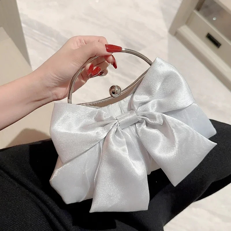 White Satin Bow Fairy Evening Bags Clutch Metal Handle Handbags for Women Wedding Party Bridal Clutches Purse Chain Shoulder Bag 240907Z