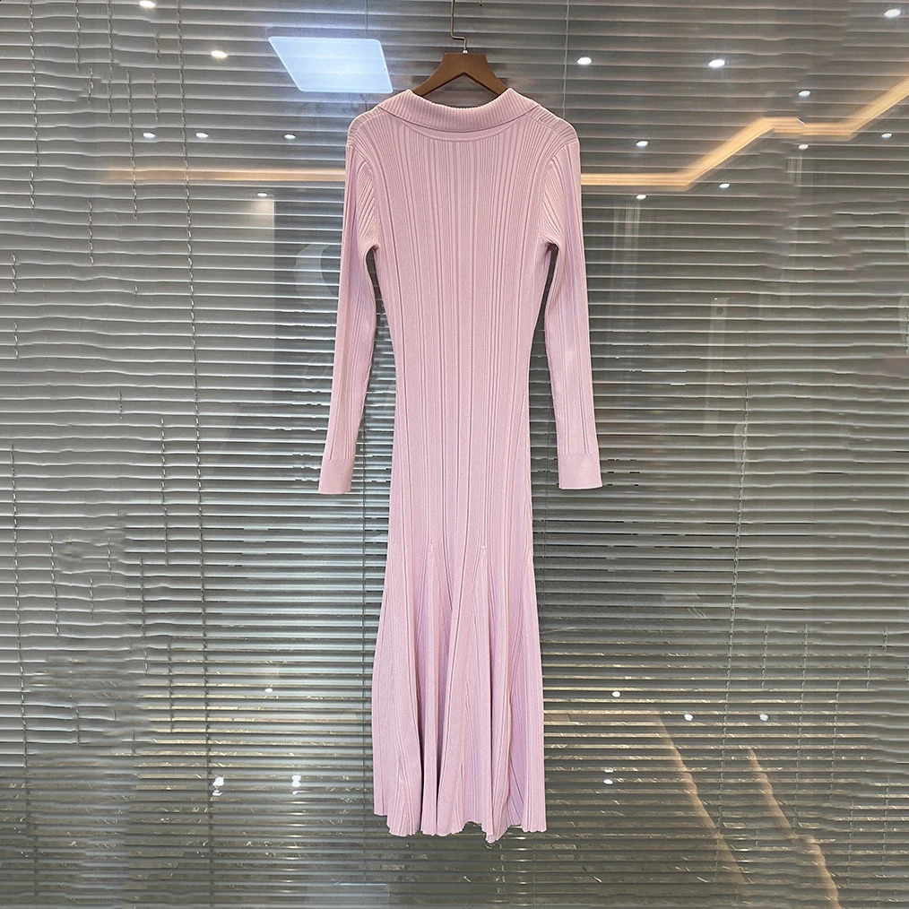 Womens pink knitted medium-length dress senior sense of fashion temperament polo collar waist-skimming long dress 240722