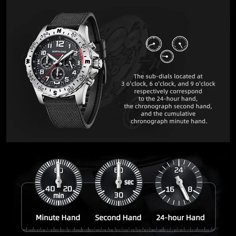 NORTH EDGE MACH2 Solar Watches for Men Luminous Chronography Waterproof 50M Quartz Mens Watch Pilot Relogio Masculino 240716