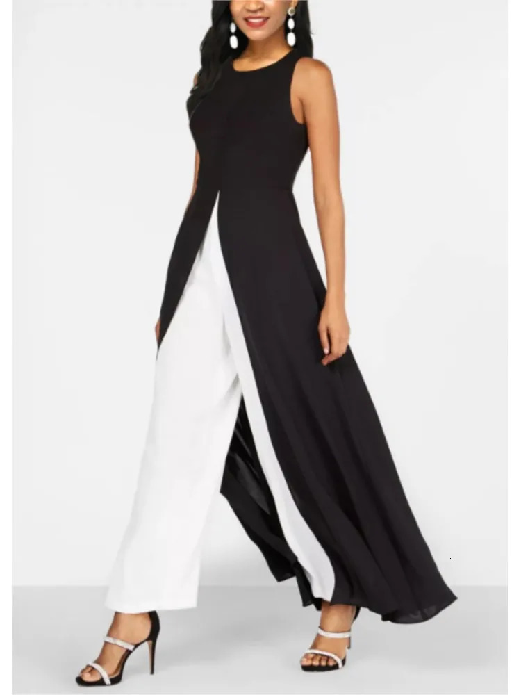 Summer For Womens Color Matching Sleeveless O Neck Jumpsuit Simple Slim Elegant Female Casual Fashion Slit Pantsuit Skirt 240715