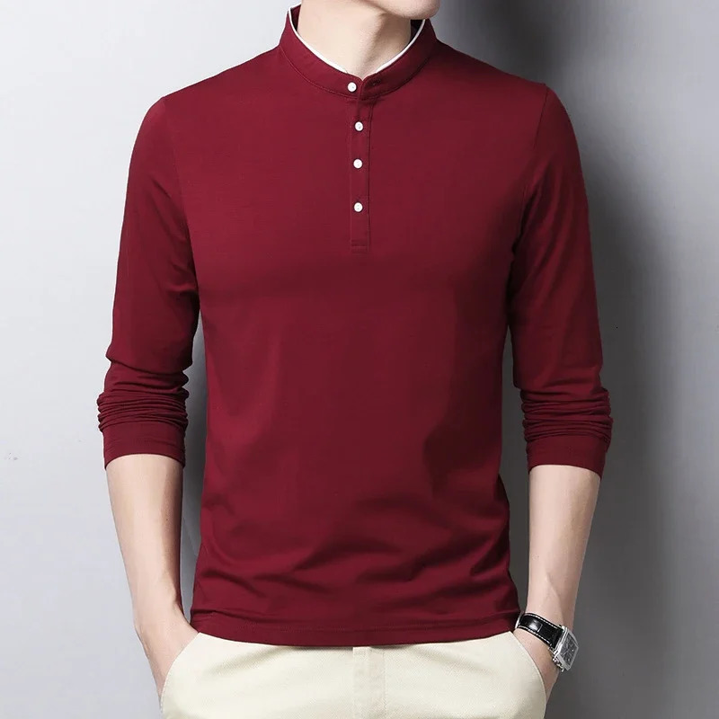 Mens Fashion Long sleeved POLO Shirt Casual Cotton Breathable Top Stand up Collar Korean Comfortable T-shirt Top 240717