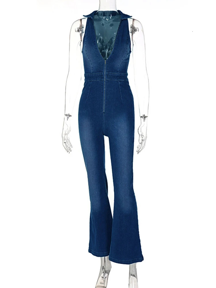 Hugcitar Denim Jumpsuit V Neck Zipper Bell Sleeveless Sexy Outifts Elegant Backpacker Party Summer 240715