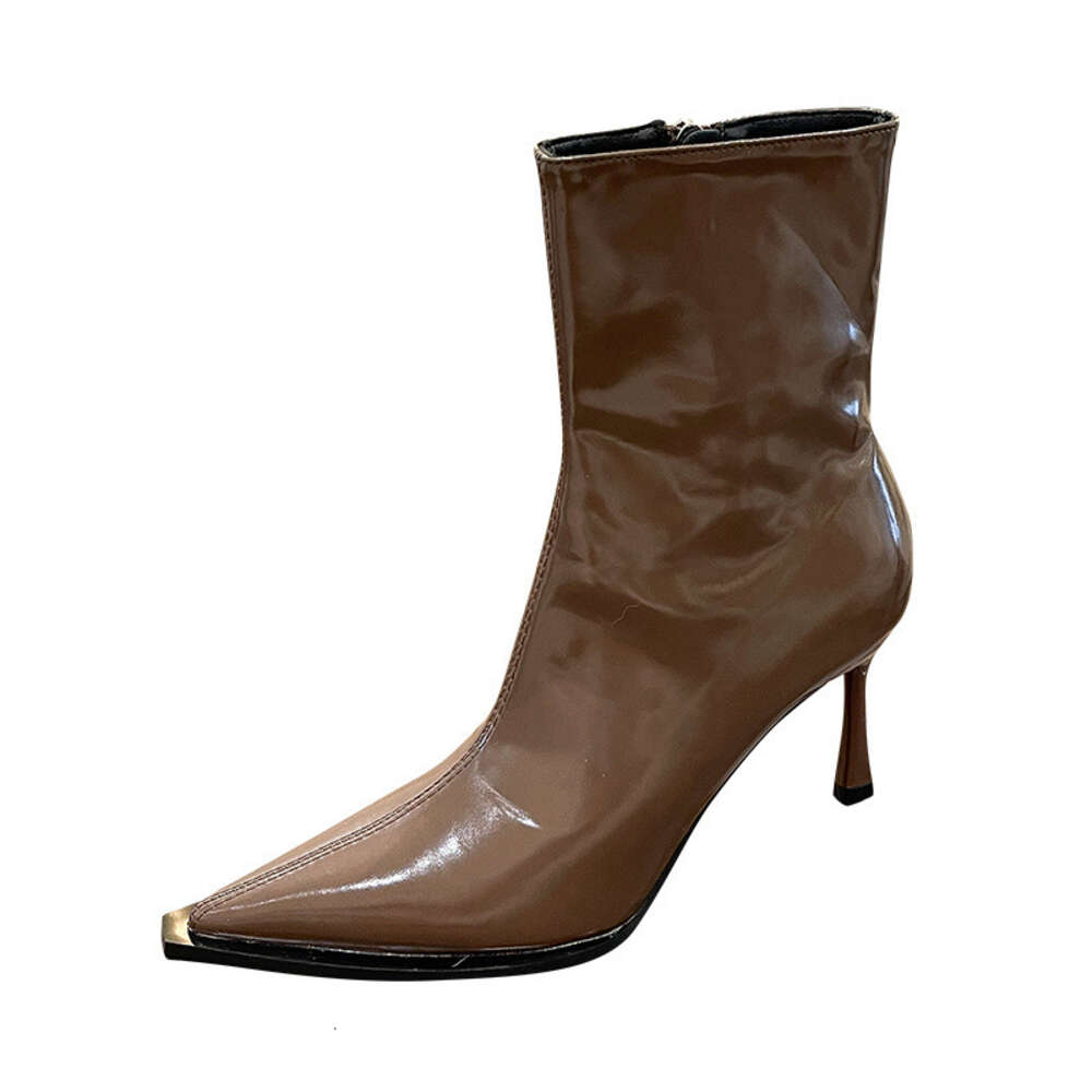 New Style High Heel Shoes with Pointed Short Boots, Lacquer Leather Slimming Boots