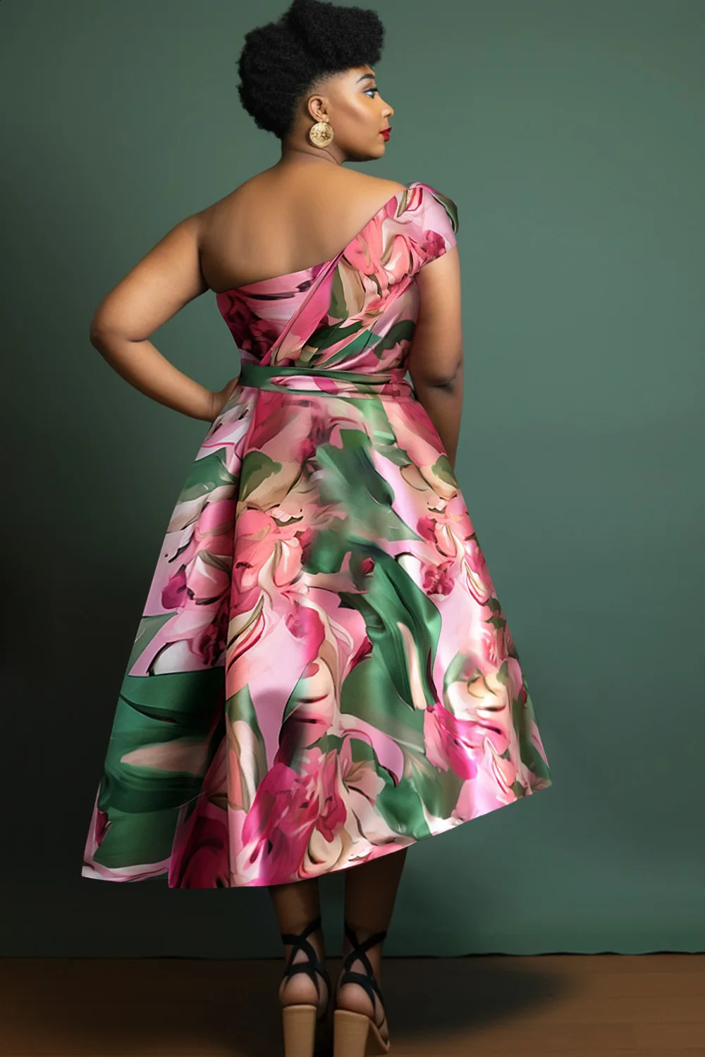 Plus Size Floral Dress for Women Elegant Vintage Pink Summer One Shoulder Satin Midi Dresses Cocktail Evening Female Dress 2024 240709
