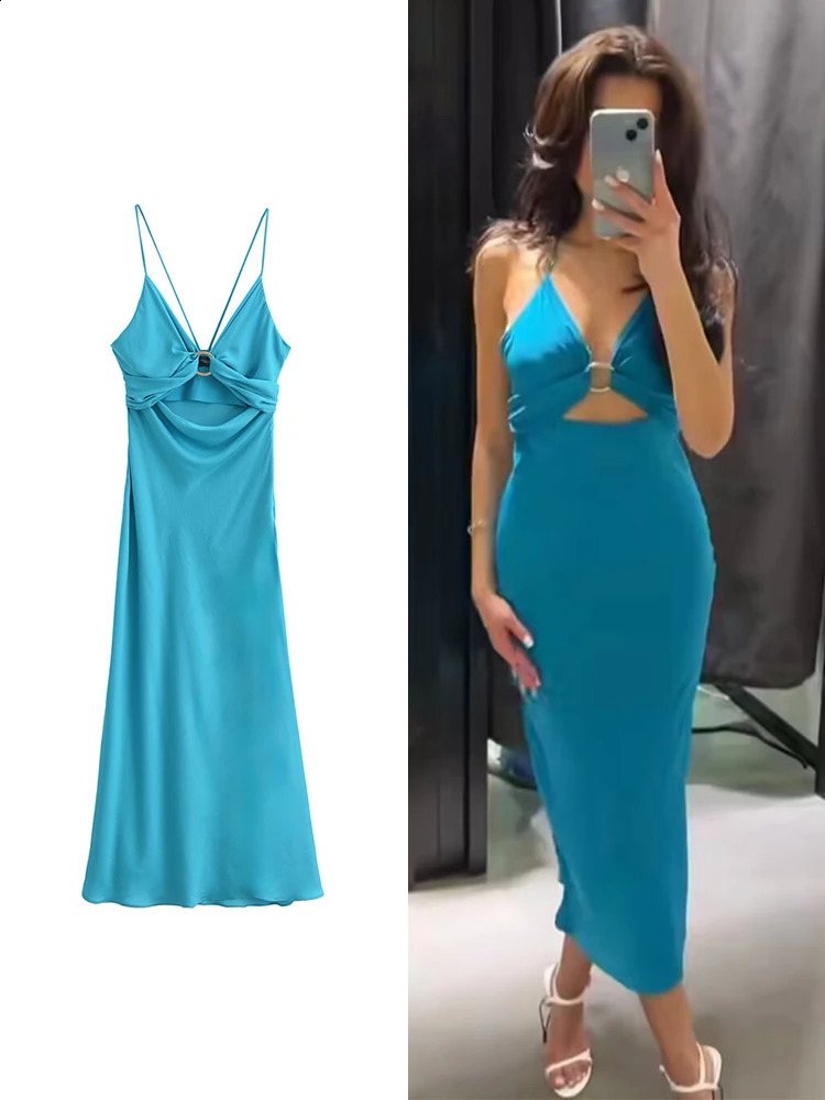 TRAF Sexy Satin Lace Up Hollow Out Dres Slim Sleeveless Backless Party Dresses Female 2024 Summer Lady Robe 240905