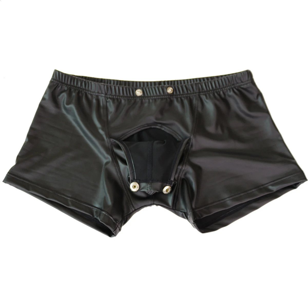 Sexy Men Boxers Open Crotch Faux Leather Lingerie Stage U Convex Pouch Black Patent Shorts Gay Mens Underwear 240711