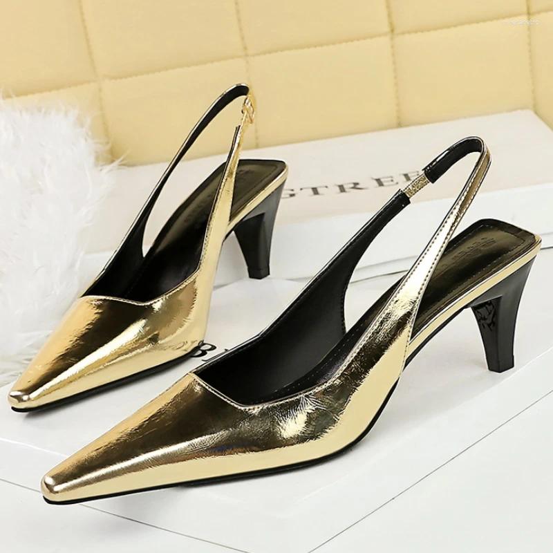 Dress Shoes Women 6cm High Heels Fashion Gold Sier Holographic Sandals Lady Party Elastic Mid Comfortable Daily Sandles