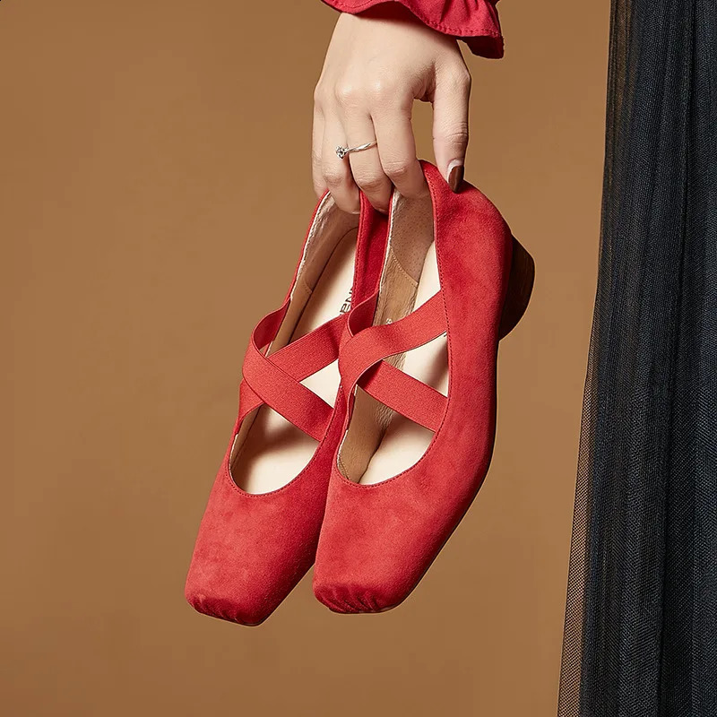 ALA Rising|LEH Leather Handmade Pig Mouth Ballet Shoes With Cross Heel Sheepskin Mary Jane Womens Square Head 240718