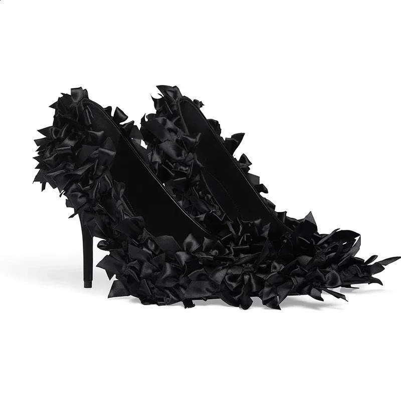 European and American runway style pleated lace high heeled single shoes womens pointed thin heels sexy French 240718