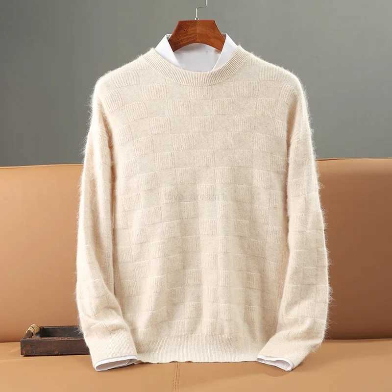 Men 100% Alxa Cashmere Sweater Round Neck Pullover Knit Sweater Autumn and Winter New Checkered Long-Sleeved High-End Jumper Top Z240912
