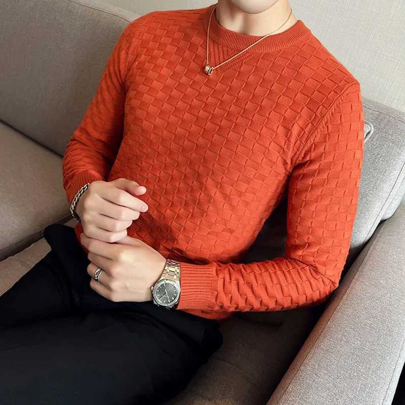 Autumn Winter Stretch Jacquard Woven O-Neck Sweater Mens Waffle Slim Fit Long Sleeve Knitted Pullovers Casual Streetwear Homme Z240912