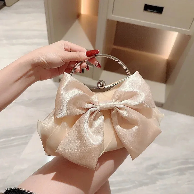 White Satin Bow Fairy Evening Bags Clutch Metal Handle Handbags for Women Wedding Party Bridal Clutches Purse Chain Shoulder Bag 240907Z