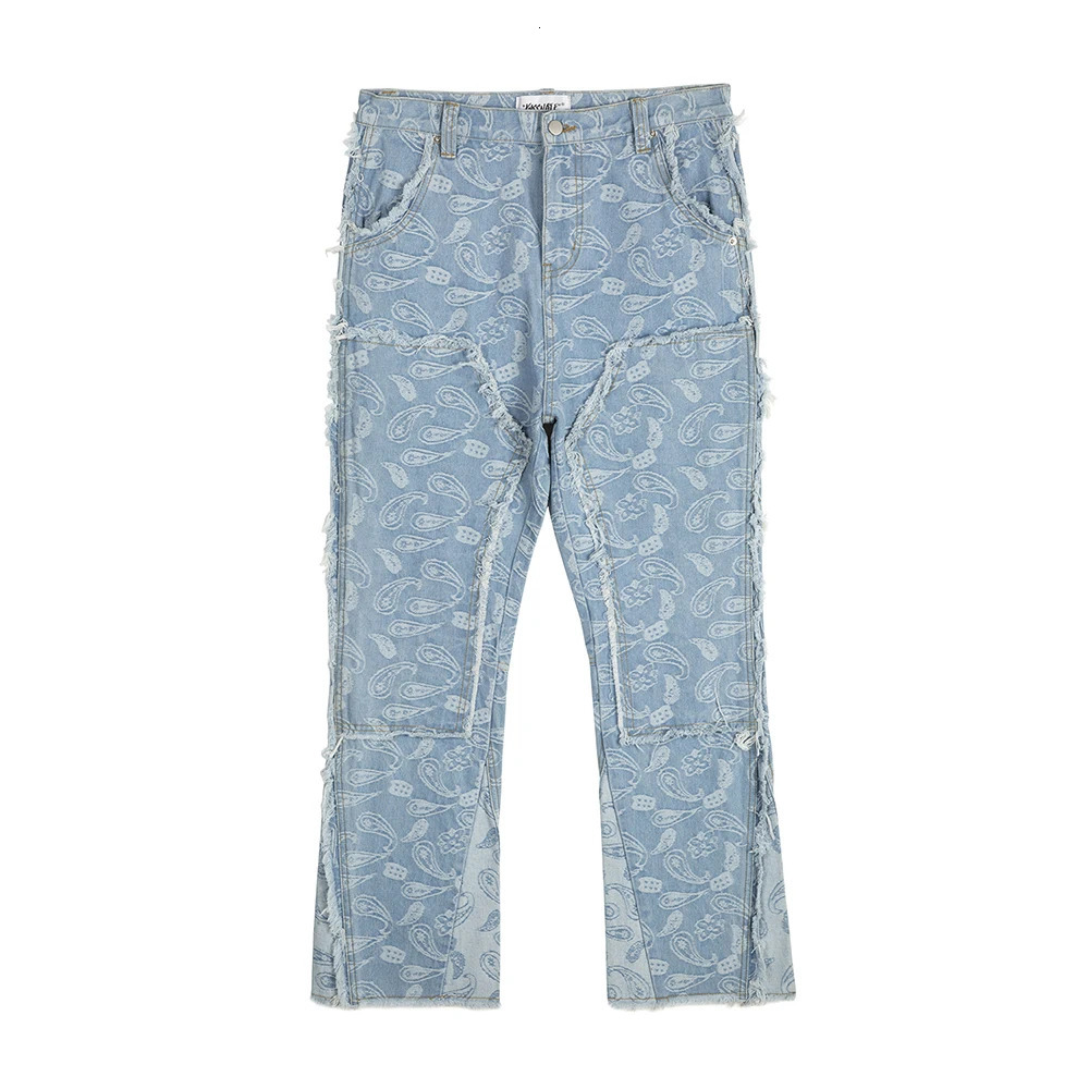 Y2k Frayed Urban Cashew Flower Full Print Patchwork Baggy Flare Jeans for Men Straight Pantalones Hombre Oversize Denim Trousers 240716