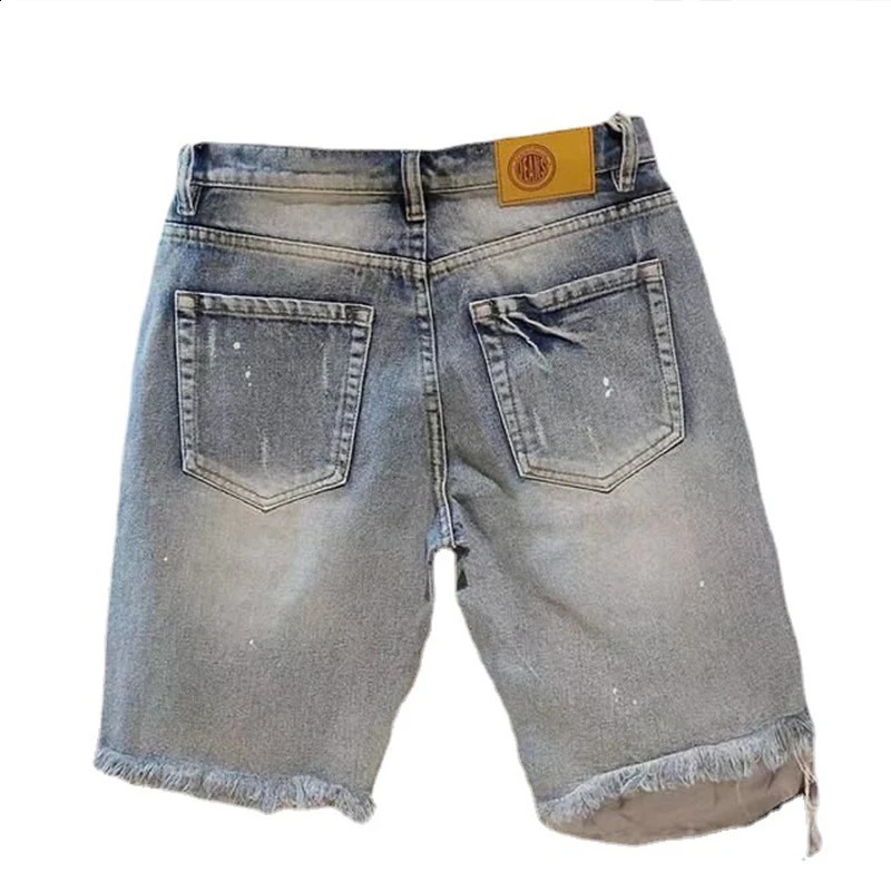Summer Men Hole Denim Short Pants Fashion Beggar Scraped Five-piece Jeans Shorts 240722