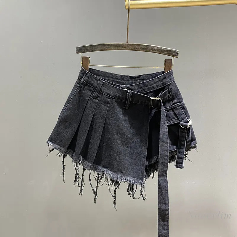 Irregular Pink Denim Skirt Womens Summer High Waist Slimming False TwoPiece A Line Workwear Short Mini Skirts 2024 240715
