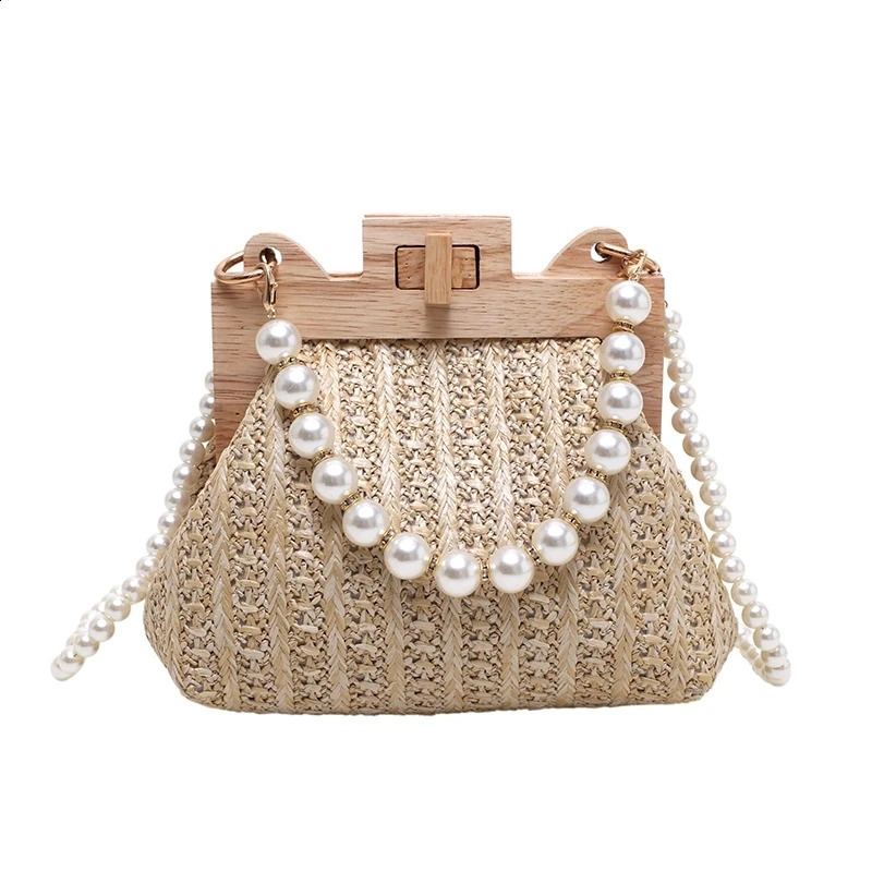 Beautiful Pearl Chain Straw Bag Womens Handbag Summer Wooden Lattan Shoulder 240919
