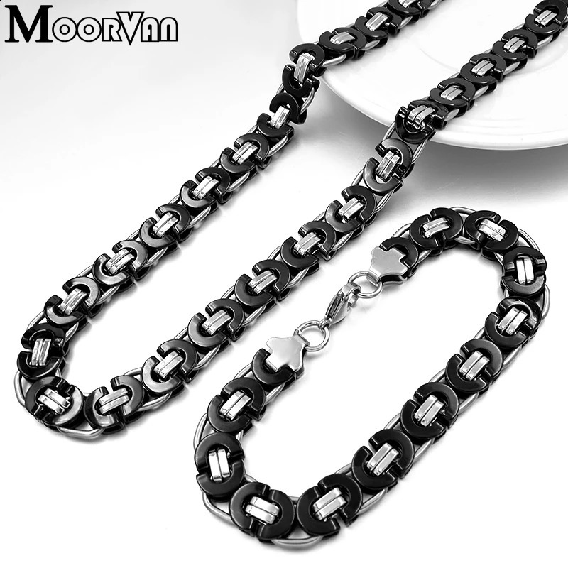 Moorvan Stainless Steel Mens Jewelry Set Fashionable Egyptian Byzantine Bracelet Necklace Set 11mm Wide Womens Jewelry Set 240710