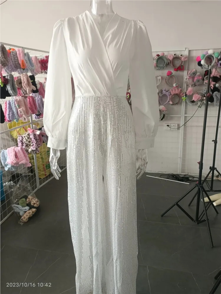 Spring Autumn Solid Color Sexy Deep V Neck Dinner Women Jumpsuit Shirt Sequins Slim Elegant Female Fashion Wide Leg Piece Pants 240715