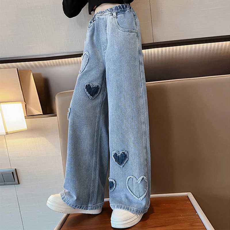 Jeans New Fashion Teenager Girls Denim Wide Leg Pants Children Trousers Spring Autumn Love Pattern Girls Jeans 5-14 Years Kids Clothes