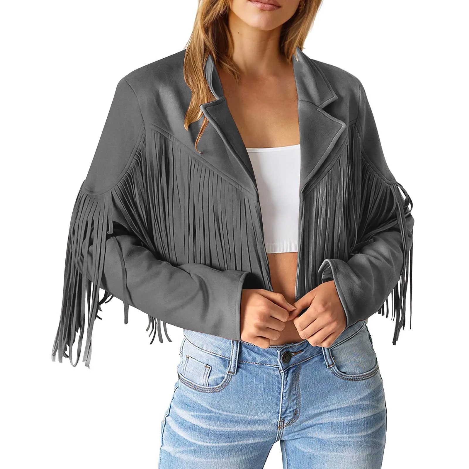 Women Y2k Fringed Hem Tassel Cardigan Crop Tops Cool Girl Motor Biker Jacket Suede Leather Jacket 90s Vintage Streetwear Coats 240717