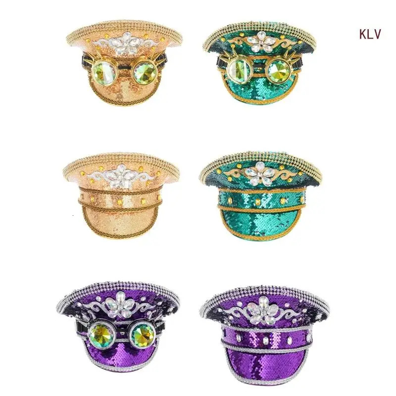 Sequins Bride Hat for Sailing Party Glitter Captain Cap Music Festival Women Cosplay Cap Goggle Captain Hat 6XDA 240715