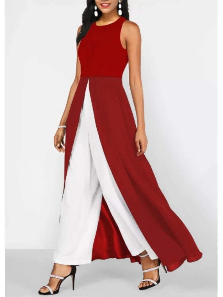 Summer For Womens Color Matching Sleeveless O Neck Jumpsuit Simple Slim Elegant Female Casual Fashion Slit Pantsuit Skirt 240715