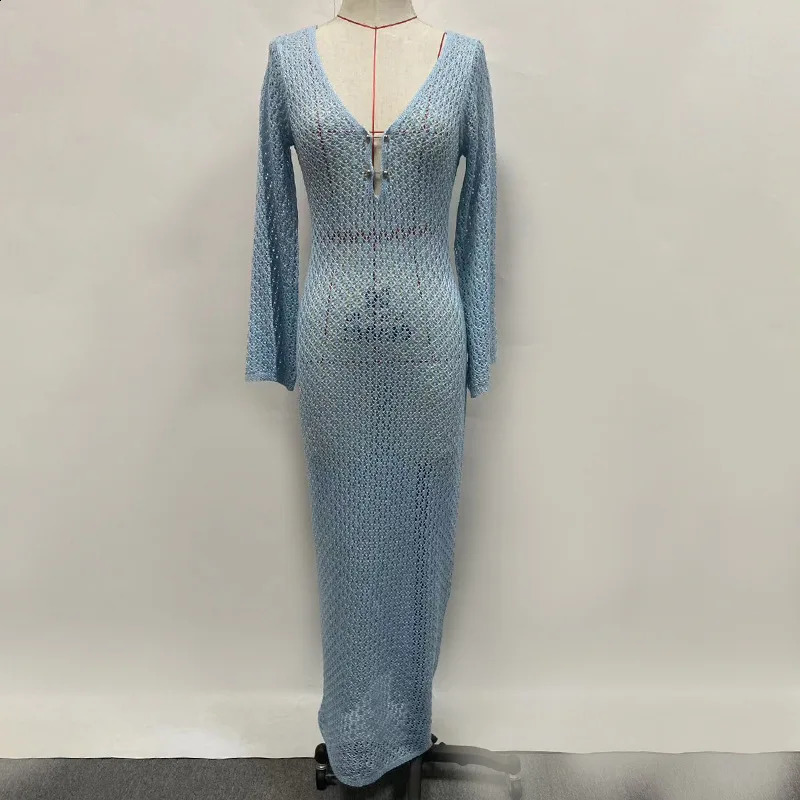 Women See Through Knitted Beach Dresses Summer Autumn Vneck Long Sleeve Elegant Dress Hollow Out Bikinis Cover Up Robe 240712