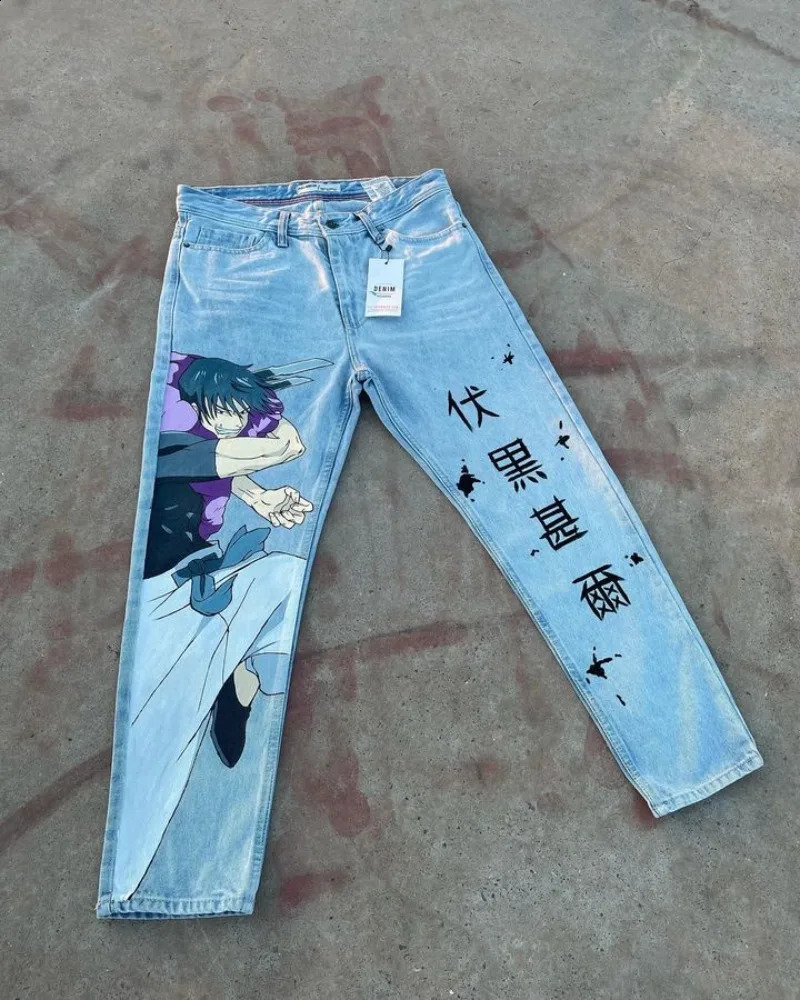 Harajuku Anime Denim Pants Y2k Hip Hop Streetwear Fashion Pattern Printing Men Clothes Loose Straight Cylinder Casual Trousers 240719